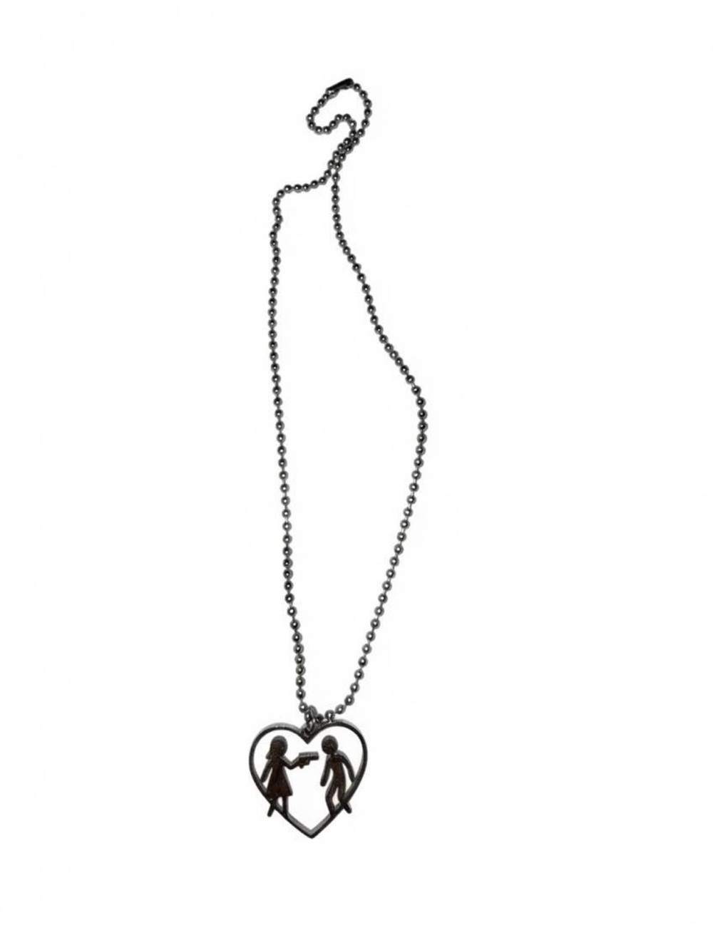 Heart Pendant Necklace with Girl and Boy Silhouettes - Black